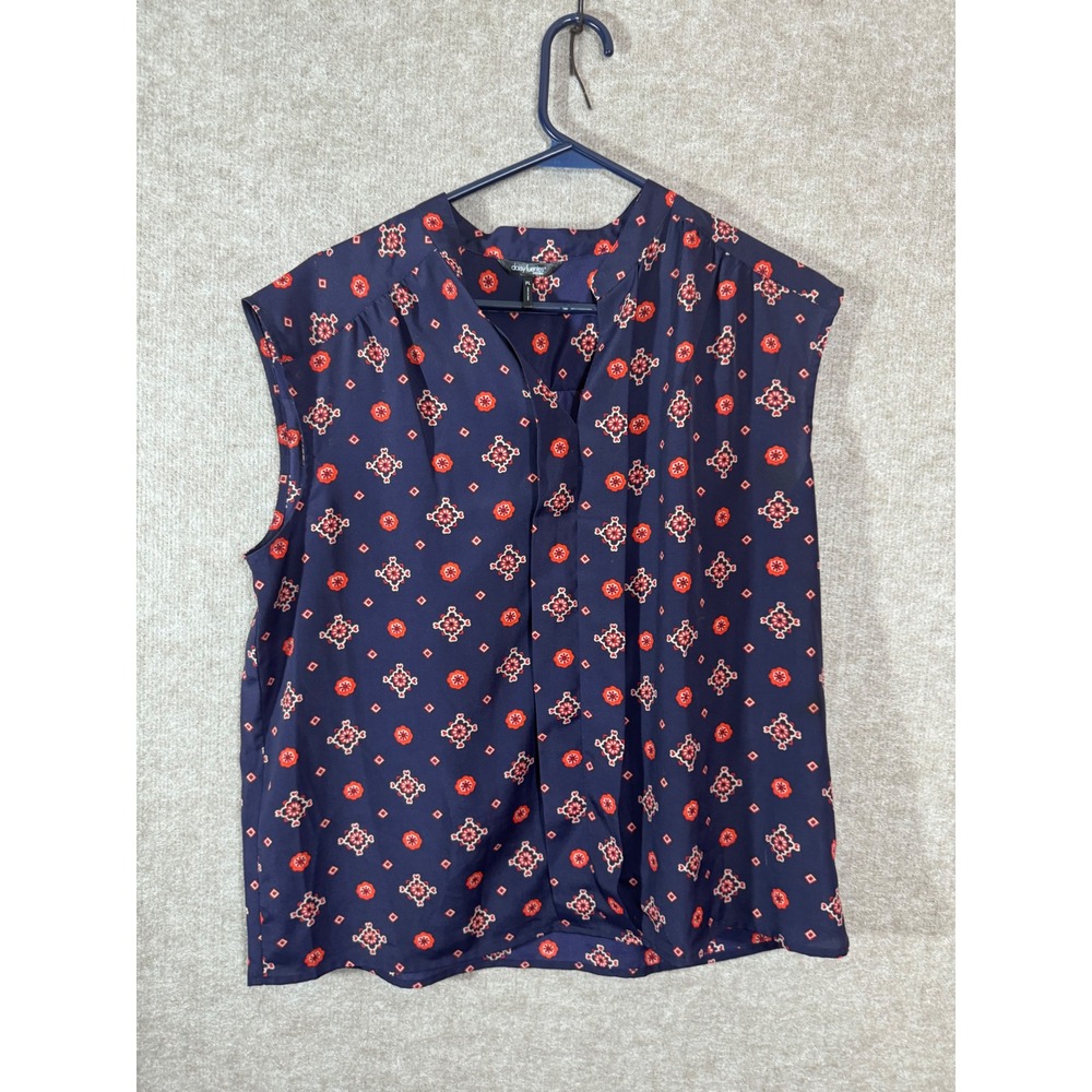 Daisy Fuentes Sleeveless Blouse Womens Large Petite Navy Medallion Career Boho